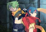  ahoge angry belt blue_hair bodysuit fang frown gloves green_hair headband kei_(inu_no_ura) male messy_hair multiple_boys red_eyes rody_roughnight scarf shirt short_hair smile vest wild_arms wild_arms_1 wild_arms_alter_code_f yellow_eyes zed 