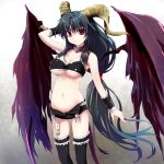  arms_up bandeau bare_shoulders belt black_legwear black_thighhighs blush breasts cleavage collar demon_girl demon_wings garters green_hair grune grune_(artist) hand_behind_head highres horns large_breasts large_wings long_hair looking_at_viewer midriff navel open_clothes original ponytail red_eyes short_shorts shorts smile solo thigh-highs thighhighs unbuckled_belt under_boob underboob unzipped very_long_hair wings wristband 
