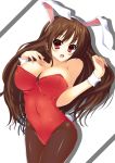  animal_ears bad_id between_breasts blush breasts brown_hair bunny_ears bunny_tail bunnysuit hairband huge_breasts izayoi_kaname large_breasts long_hair open_mouth original pantyhose red_eyes shadow solo tail very_long_hair wrist_cuffs 