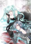  aqua_hair blue_eyes blue_hair cantarella_(vocaloid) chin_rest dress elbow_gloves formal gloves hatsune_miku kaito long_hair lying strapless_dress tenkei twintails very_long_hair vocaloid 