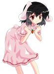  alphes_(style) animal_ears black_hair bunny_ears bunny_tail carrot dress highres inaba_tewi jewelry leaning_forward parody pendant pikapon red_eyes short_hair smile solo style_parody tail touhou transparent_background 