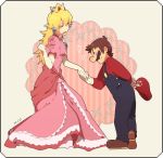 1girl blonde_hair border couple crown dress earrings elbow_gloves facial_hair gloves hat height_difference jewelry long_dress mario mustache overalls pink_dress princess_peach rounded_corners smile super_mario_bros.