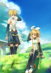  aqua_eyes blonde_hair blue_eyes choker detached_sleeves earphones female hand_on_headphones headphones high_collar kagamine_len kagamine_len_(append) kagamine_rin kagamine_rin_(append) male navel navel_cutout ponytail ribbon short_hair shorts sky smile twins vocaloid 