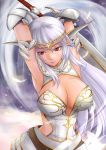  armpits arms_behind_head breasts brown_eyes buran_(armor) capcom character_request circlet cleavage feathers haneori highres large_breasts long_hair monster_hunter monster_hunter_frontier silver_hair sword weapon 