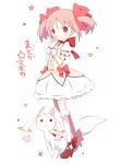  absurdres blush bow bubble_skirt dress gloves hair_bow highres kaname_madoka kyubey kyuubee magical_girl mahou_shoujo_madoka_magica pink_eyes pink_hair shoes short_hair short_twintails smile title_drop tsumura_z twintails white_background 