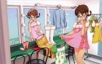  absurdres akizuki_ritsuko annindoufu_(oicon) antenna_hair blush boots brown_eyes brown_hair brush clothes cool_&amp;_sexy_(idolmaster) cute_&amp;_girly_(idolmaster) dress dress_lift dressing_room glasses highres idolmaster mirror official_art pants reflection shirt short_hair solo thighhighs twintails 