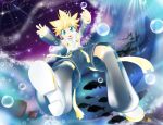  bass_clef blonde_hair bubbles detached_sleeves fall fish headphones kagamine_len kagamine_len_(append) leg_warmers len_append male popped_collar see-through solo sparkle underwater vocaloid vocaloid_append 