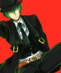  1boy artist_request blazblue fedora green_hair hat hazama male necktie red_background smile solo wink yellow_eyes 
