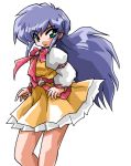  90s ahoge aqua_eyes ayanokouji_sakuya bad_id belt blue_hair bow dress ginga_ojou-sama_densetsu_yuna long_hair long_sleeves okuri_ookami ribbon smile solo white_background yellow_dress 