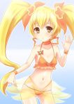  bad_id bikini blonde_hair blue_background cure_sunshine face heartcatch_precure! heartcatch_pretty_cure! highres kyuri long_hair magical_girl myoudouin_itsuki orange_(color) orange_bikini precure pretty_cure skirt solo swimsuit yellow_eyes 