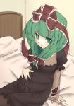  1girl bed bow empty_eyes front_ponytail green_eyes green_hair hair_bow hair_ribbon hakano_shinshi hand_on_belly hand_on_stomach highres holding_belly kagiyama_hina pillow pregnant ribbon sitting sketch smile solo touhou 