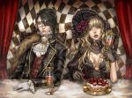  blonde_hair breasts cake checkered cleavage cravat dr. elementalist espada eyepatch fangs food fork frills fruit fur gloves granado granado_espada long_hair male original red_eyes short_hair strawberry vampire wine wizard 