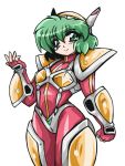  90s ahoge armor bad_id bodysuit gloves green_eyes green_hair hairband iczelion iczer_(series) iczer_densetsu kai_nagisa mecha_musume okuri_ookami pauldron pauldrons short_hair smile solo white_background 