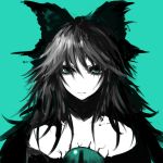  31_violence bare_shoulders black_hair blue_eyes bow bust expressionless eyelashes face hair_bow long_hair messy_hair monochrome no_nose reiuji_utsuho simple_background solo spot_color third_eye touhou violence_kumahina 