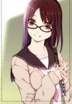  brown_eyes brown_hair flute glasses grin hands hands_clasped highres instrument long_hair ooji original piccolo_(instrument) school_uniform smile solo sweater tattoo 