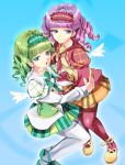  2girls angel_wings aqua_background asia asia_(wild_arms) blue_eyes drill_hair fiore_(wild_arms_4) green_hair hairband hug merii multicolored_eyes multiple_girls necktie open_mouth pantyhose purple_eyes purple_hair shirt shoes short_hair siblings skirt smile symbol-shaped_pupils twins vest violet_eyes wild_arms wild_arms_4 wings 