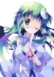  absurdres ayuka bare_shoulders blue_eyes blush breasts bust cleavage detached_sleeves frog green_hair hair_ornament highres japanese_clothes kochiya_sanae long_hair miko one_eye_closed solo touhou wink 