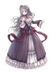  atelier atelier_(series) atelier_rorona blush bonnet bow breasts cleavage dress frills grey_hair highres jewelry kishida_mel long_hair long_sleeves mole necklace official_art open_mouth pamela_ibiss red_eyes simple_background solo standing victorian 