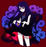 beatrice_(wild_arms) beatrice_(wild_arms_3) black_hair blue_rose dress flower kokutou_eiri long_hair purple_rose red_background red_eyes rose solo spoilers wild_arms wild_arms_3 