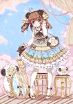 1girl absurdres ahoge brown_hair dress frilled_dress frills green_eyes highres holding horns looking_at_viewer north_abyssor original pantyhose parasol sheep sheep_horns shoes smile solo twintails umbrella white_legwear 