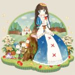  apple bad_id blue_eyes brown_hair butterfly crown dress dwarf dwarf_(grimm) flower food fruit gloves long_hair marchen pom_(soupy) schneewittchen sitting snow_white snow_white_and_the_seven_dwarfs sound_horizon stump tree_stump 