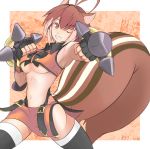  antenna_hair blazblue boots breasts brown_eyes brown_hair clenched_teeth fingerless_gloves gloves grin kanten_(kanten328) makoto_nanaya midriff navel smile squirrel_ears squirrel_tail tail thigh-highs thigh_boots thighhighs tonfa under_boob underboob weapon wink 