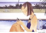  copyright_request earrings game_boy halterneck hayashi_seiichi headphones headphones_around_neck jewelry playing_games pool short_hair sitting solo swimsuit 