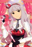  absurdres annindoufu_(oicon) crown dress flower gloves hair_ornament hairband highres idolmaster long_hair necktie official_art pantyhose plaid punkish_gothic red_eyes shijou_takane silver_hair vintage_microphone 