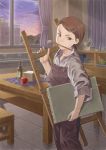  absurdres apple apron bottle brown_eyes brown_hair canvas_(object) cheese chiaki_rakutarou classroom cloud clouds easel faucet food fruit hair_ornament hairclip highres mouth_hold oekaki_musume original overalls paintbrush short_hair sky sleeves_pushed_up solo table window 