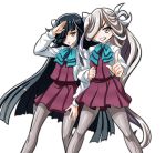  &gt;:d 2girls :d arm_hug asashimo_(kantai_collection) black_hair grey_eyes grin hair_over_one_eye hair_ribbon hayashimo_(kantai_collection) kantai_collection long_hair looking_at_viewer multiple_girls open_mouth pantyhose ribbon salute school_uniform silver_hair silver_legwear smile tk8d32 