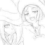  2girls character_request frown hair_over_one_eye hat jitome little_witch_academia long_hair monochrome multiple_girls open_mouth short_hair tsukudani_(coke-buta) witch witch_hat 
