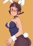  akizuki_ritsuko animal_ears ass at bare_shoulders braid breasts brown_hair bunny_ears bunnysuit choker frown glasses hands_clasped hands_together idolmaster looking_back orange_background panties pantyhose red-framed_glasses red_eyes simple_background solo thong twin_braids underwear wrist_cuffs 