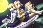  absurdres ahoge arcueid_brunestud blonde_hair carnival_phantasm crossed_legs detexed detexted fate/stay_night fate_(series) green_eyes highres legs_crossed magazine_scan melty_blood morita_kazuaki nekoarc nekoarc_chaos open_mouth petting red_eyes saber scan school_uniform seiza serafuku sitting smile smoking tsukihime 