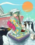  brown_hair copyright_request green_eyes instrument japanese_clothes kimono obi penguin snow solo ymr 