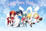  2011 aqua_hair blonde_hair blue_hair bow_tie brown_hair bunny_ears bunnygirl chibi closed_eyes hairclip hatsune_miku kagamine_len kagamine_rin kaito leg_warmers megurine_luka meiko open_mouth pink_hair skirt snowflakes vocaloid wink 