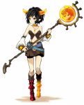  amber_(stone) belt black_hair boots breasts brown_eyes celestial_stones cleavage detached_sleeves dragon fantasy jewelry knee_boots morina_nao necklace orb original personification pointy_ears short_hair solo staff 