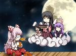  &gt;_&lt; :d animal_ears black_hair blazer bow closed_eyes cloud clouds eyes_closed food fujiwara_no_mokou full_moon hair_bow houraisan_kaguya inaba_tewi lili2th long_hair moon mooncake multiple_girls necktie o_o open_mouth pants pink_hair purple_hair reisen_udongein_inaba smile surprised suspenders sweatdrop touhou very_long_hair xd 