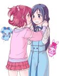  2girls aida_mana blue_eyes blue_hair blush blush_stickers braid casual couple covering_eyes dokidoki!_precure eye_contact half_updo hishikawa_rikka holding_hands interlocked_fingers long_hair looking_at_another multiple_girls only_norisu pink_eyes pink_hair precure raquel_(dokidoki!_precure) sharuru_(dokidoki!_precure) short_hair simple_background white_background wink 