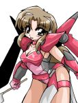  90s ahoge armor bad_id brown_eyes brown_hair choker elbow_gloves ginga_ojou-sama_densetsu_yuna gloves leg_garter long_hair mecha_musume okuri_ookami pauldron pauldrons payot saehara_yoshika smile solo tongue weapon white_background 