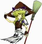  apron artist_request broom fingerless_gloves gloves hair_over_one_eye hand_on_hat hat kirisame_marisa short_sleeves smile solo source_request touhou witch witch_hat 