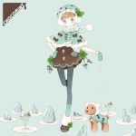 1girl blue_eyes bow brown_hair dog earmuffs food food_themed_clothes hand_on_hip hat hips ice ice_cream leash leggings mittens original plate pom_(soupy) scarf short_hair solo standing_on_one_leg striped striped_leggings winter_clothes