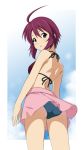  ass bikini blue_eyes from_below fukuoka_katsumi gundam gundam_seed gundam_seed_destiny looking_back lunamaria_hawke purple_hair short_hair skirt swimsuit 