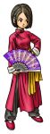  1girl brown_hair chinese_clothes dragon_quest dragon_quest_ix fan female highres long_hair long_sleeves official_art simple_background solo standing toriyama_akira 