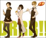  black_hair blonde_hair bob_cut bowtie brown_eyes coat cosplay cup durarara!! glasses hand_on_hip heiwajima_shizuo heiwajima_shizuo_(cosplay) hips kida_masaomi kishitani_shinra kishitani_shinra_(cosplay) knife komasawa_(fmn-ppp) necktie orihara_izaya orihara_izaya_(cosplay) pantyhose red_eyes ryuugamine_mikado short_hair sign skirt sonohara_anri stop_sign sunglasses switchblade tuxedo vest wink 