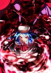  absurdres bad_id bat_wings blue_hair brooch chain chains dress glowing hat hat_ribbon highres jewelry momiji_oroshi red_eyes remilia_scarlet ribbon short_hair solo touhou wings 