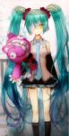  amber_eyes angry aqua_hair bandage blue_hair deco*27 detached_sleeves eyepatch female green_hair hatsune_miku long_hair mita necktie skirt solo teddybear tsumi_to_batsu_(vocaloid) twintails very_long_hair vocaloid yellow_eyes 