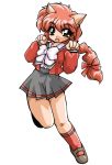  90s ahoge animal_ears bad_id bow braid cat_ears fang footwear happy kneehighs long_hair long_sleeves magic_knight_rayearth okuri_ookami open_mouth paw_pose red_eyes red_hair red_legwear redhead ribbon school_uniform shidou_hikaru skirt socks solo standing_on_one_leg white_background 