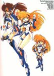  3girls 90s akitaka_mika armor blonde_hair boots brown_hair character_name chibi choker dual_persona elbow_gloves ginga_ojou-sama_densetsu_yuna gloves greaves green_eyes hands_on_hips happy high_heels kagurazaka_yuna leg_garter long_hair mecha_musume multiple_girls official_art open_mouth pauldron pauldrons scan shoes white_background wink 