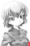  1girl caesar_(girls_und_panzer) girls_und_panzer gofu monochrome scarf short_hair sketch smile solo traditional_media 