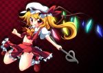  absurdres ascot blonde_hair checkered checkered_background fang flandre_scarlet geogeo hat hat_ribbon highres laevatein midriff navel red_eyes ribbon side_ponytail solo the_embodiment_of_scarlet_devil touhou weapon wings 
